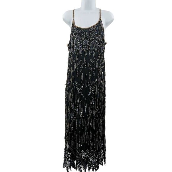 Vintage Black Silk Dress with Iridescent Beaded Leaf Design and Fringe Hem | Tag - Picture 1 of 4
